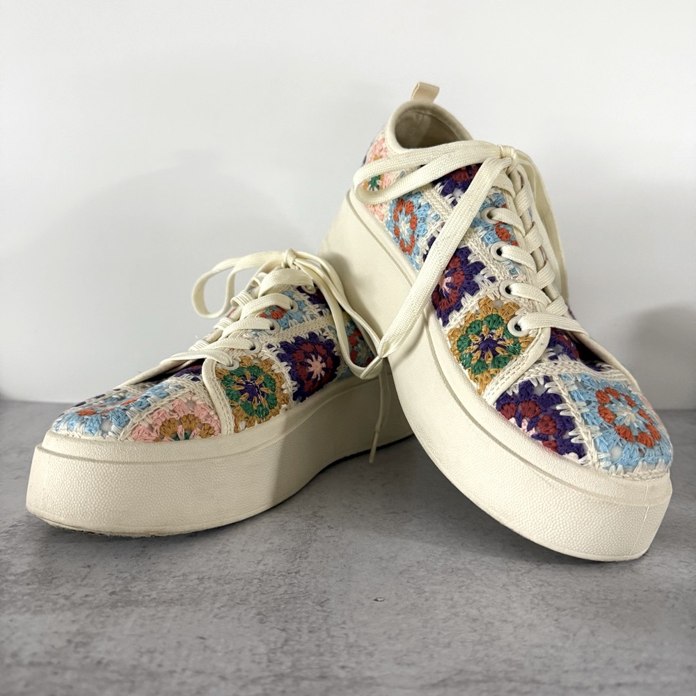 Dirty Laundry Cream Crochet Platform Sneakers with Multicolor Floral Squares
